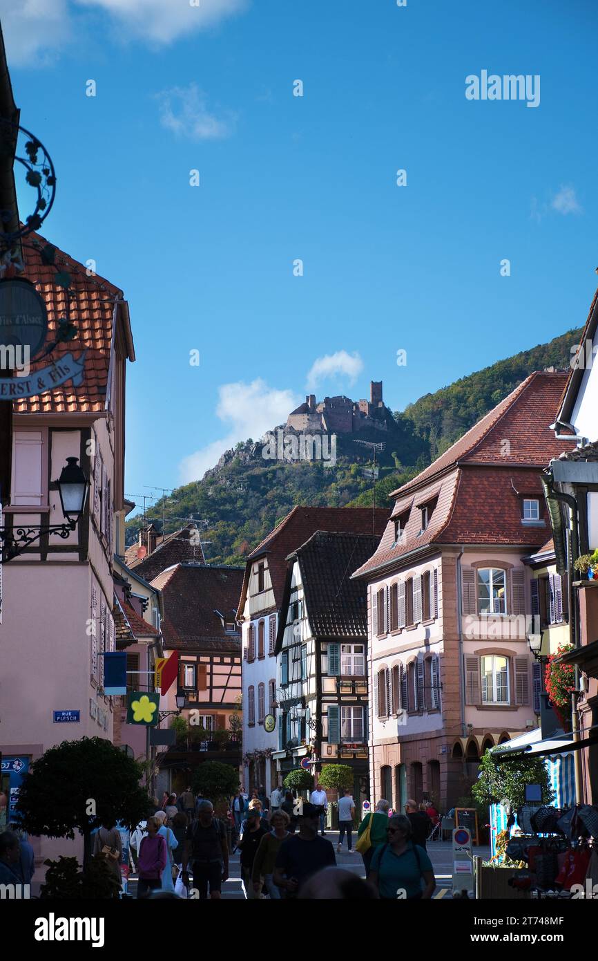 Vieille ville de Riquewihr avec Ulrichsburg en arrière-plan Banque D'Images