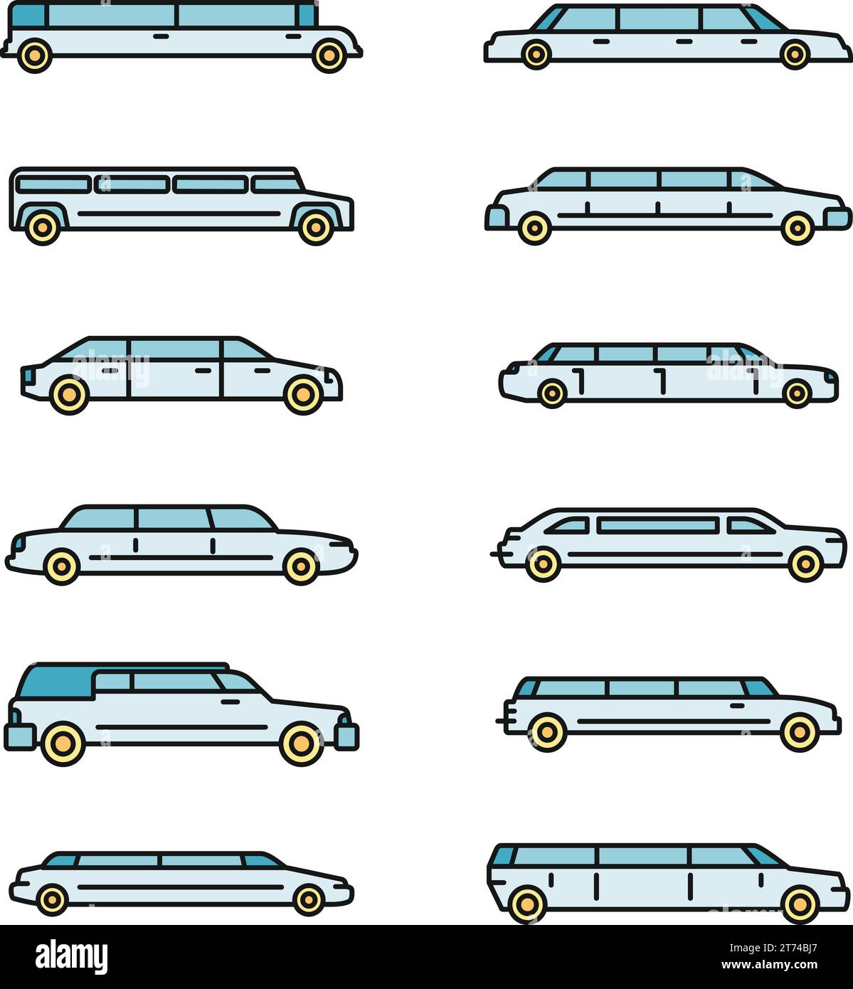 Ensemble d'icônes limousine de mariage. Contour ensemble d'icônes vectorielles de limousine de mariage couleur fine de ligne à plat sur blanc Illustration de Vecteur