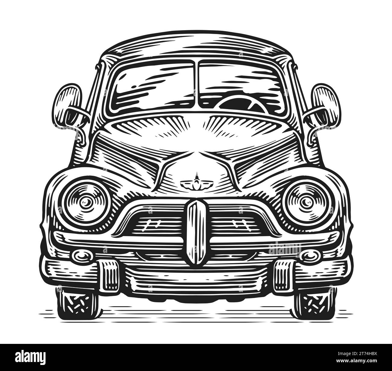 Vue de face d'une voiture rétro, illustration en noir et blanc. Mode de transport routier vintage Banque D'Images