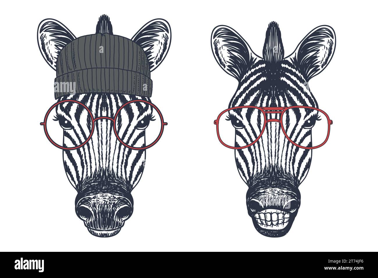 Vector Animal visages dans les lunettes de soleil aviateur et bandanas . zebra collection dessinée à la main V5 Illustration de Vecteur