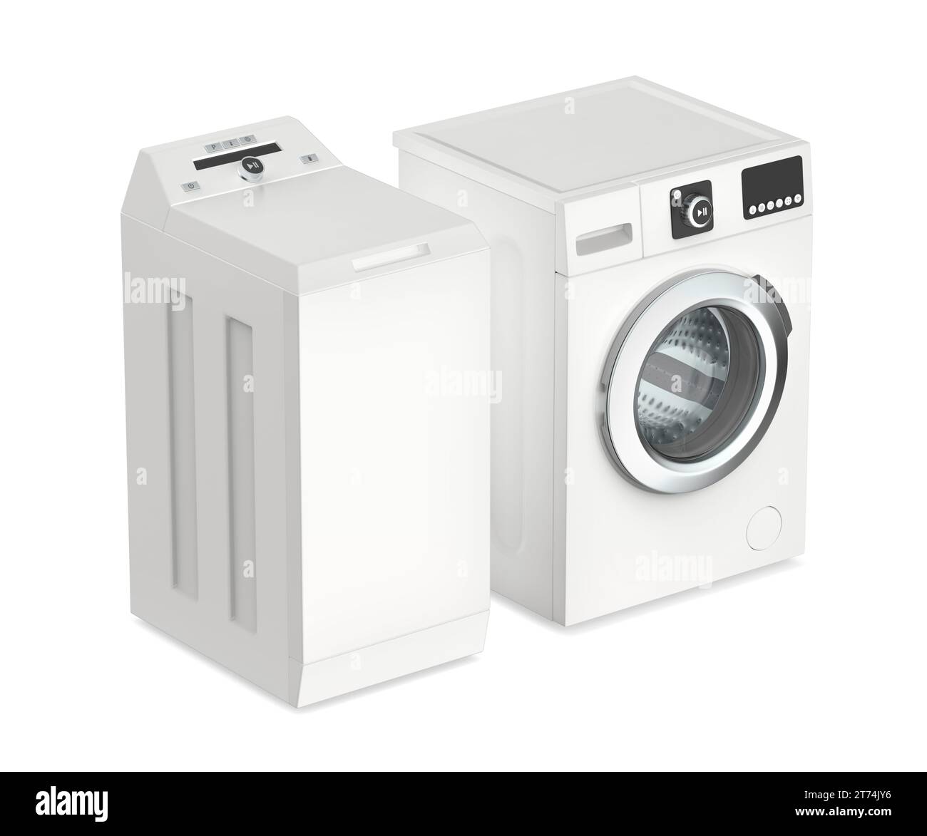 Lave-linge à chargement frontal et supérieur sur fond blanc Banque D'Images