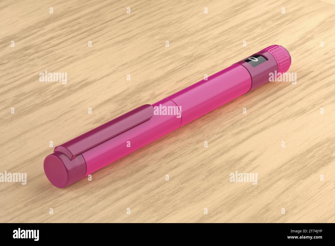 Stylo injecteur d'insuline violet sur le bureau en bois Banque D'Images
