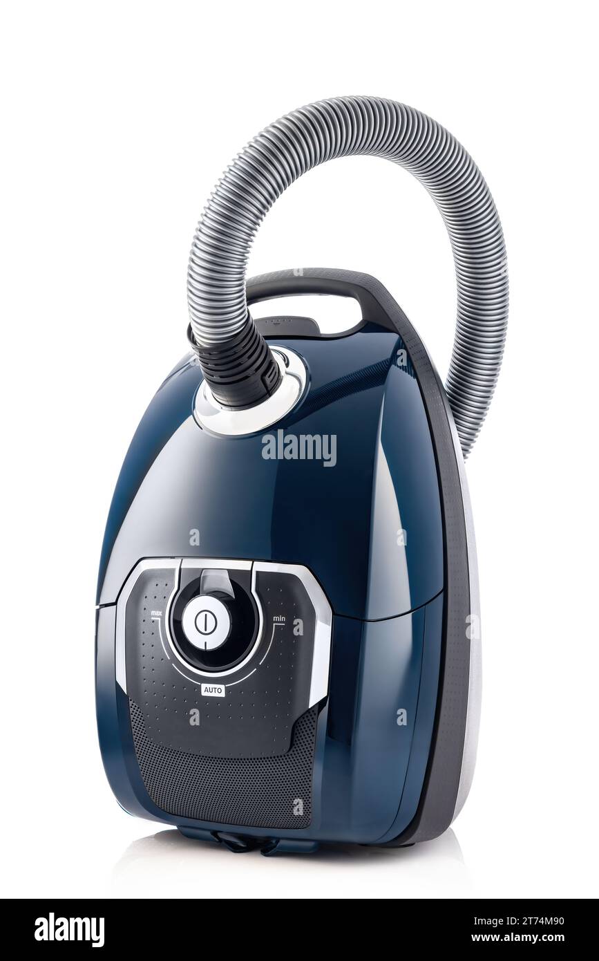 Aspirateur pour les services de nettoyage de la maison isolé sur le fond blanc, balayeuse propre pour le sol et la moquette. Banque D'Images