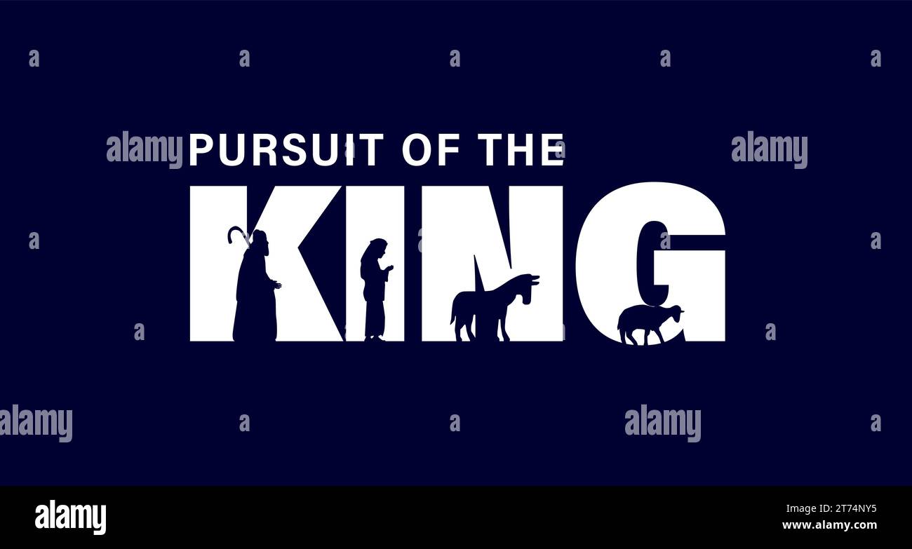 Poursuite du ROI, carte de Noël avec bergers. Le concept de la scène de la nativité est bergers, âne et moutons dans le texte DU ROI. Bannière vectorielle Illustration de Vecteur