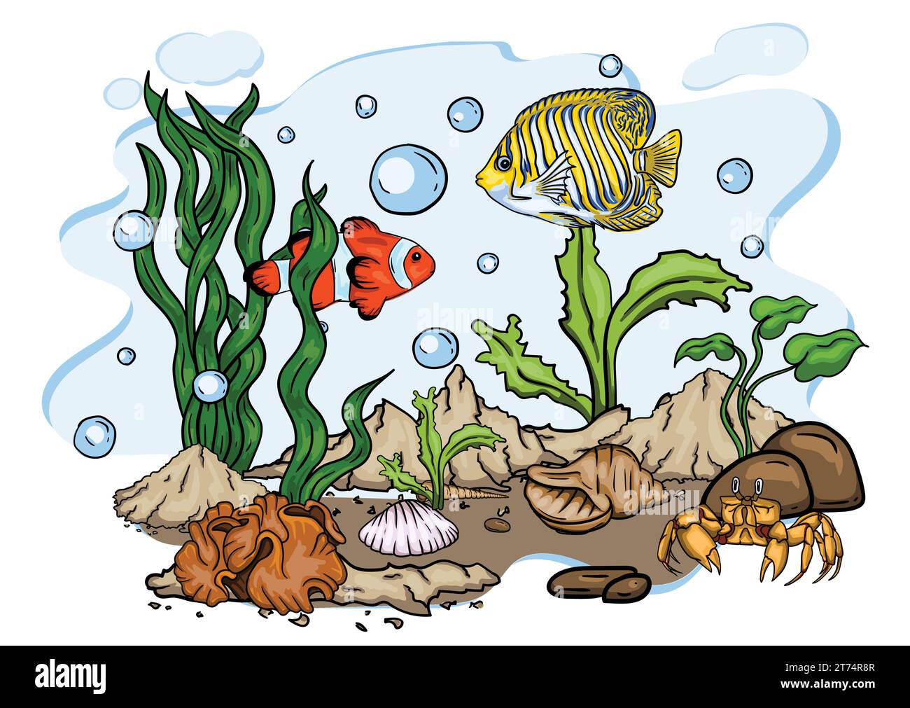 Illustration vectorielle lumineuse du monde sous-marin avec de beaux poissons, coquillages, algues dans la mer Illustration de Vecteur
