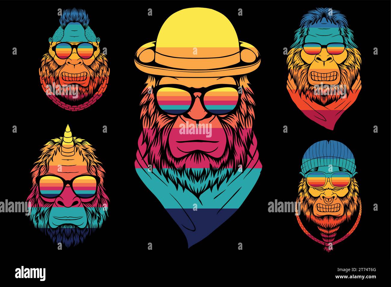 Colorful Vector Bigfoots visages en colère portant des lunettes de soleil et des bandanas . Collection animaux V8 Illustration de Vecteur