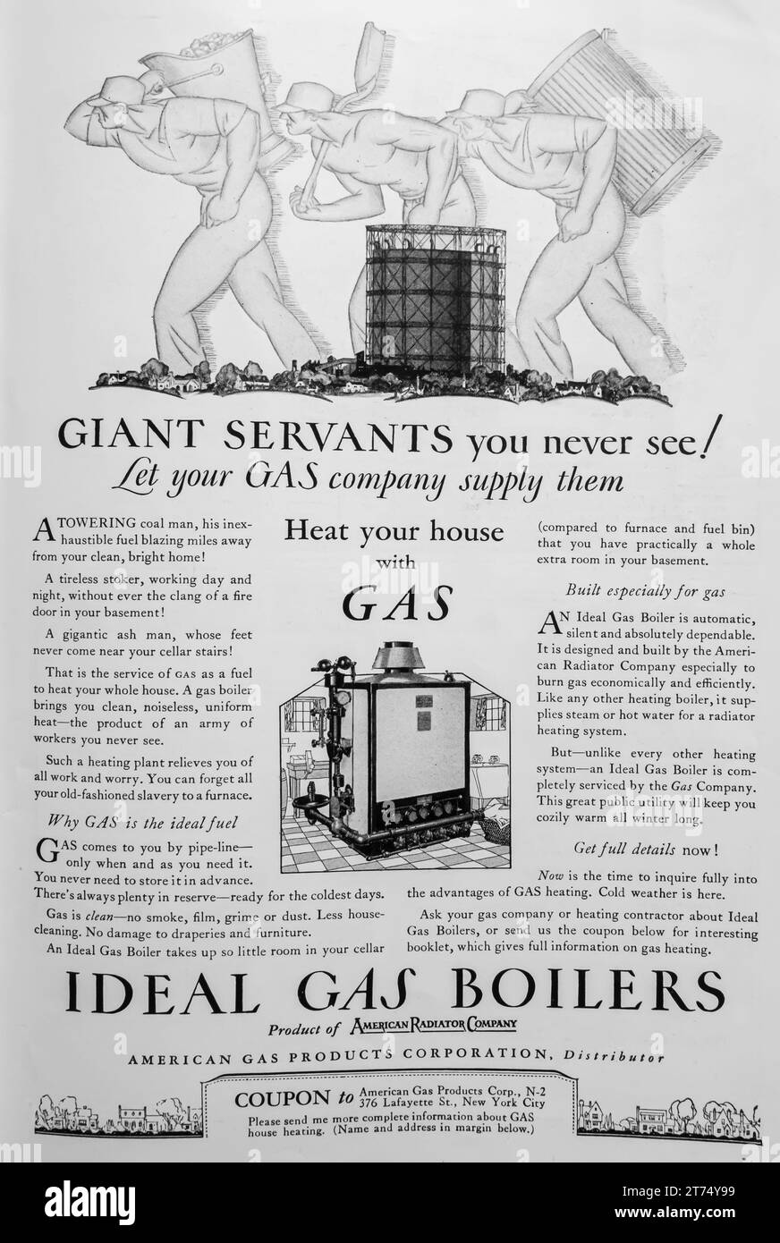 1927 chaudières à gaz idéales ad. American Radiator Company ad Banque D'Images