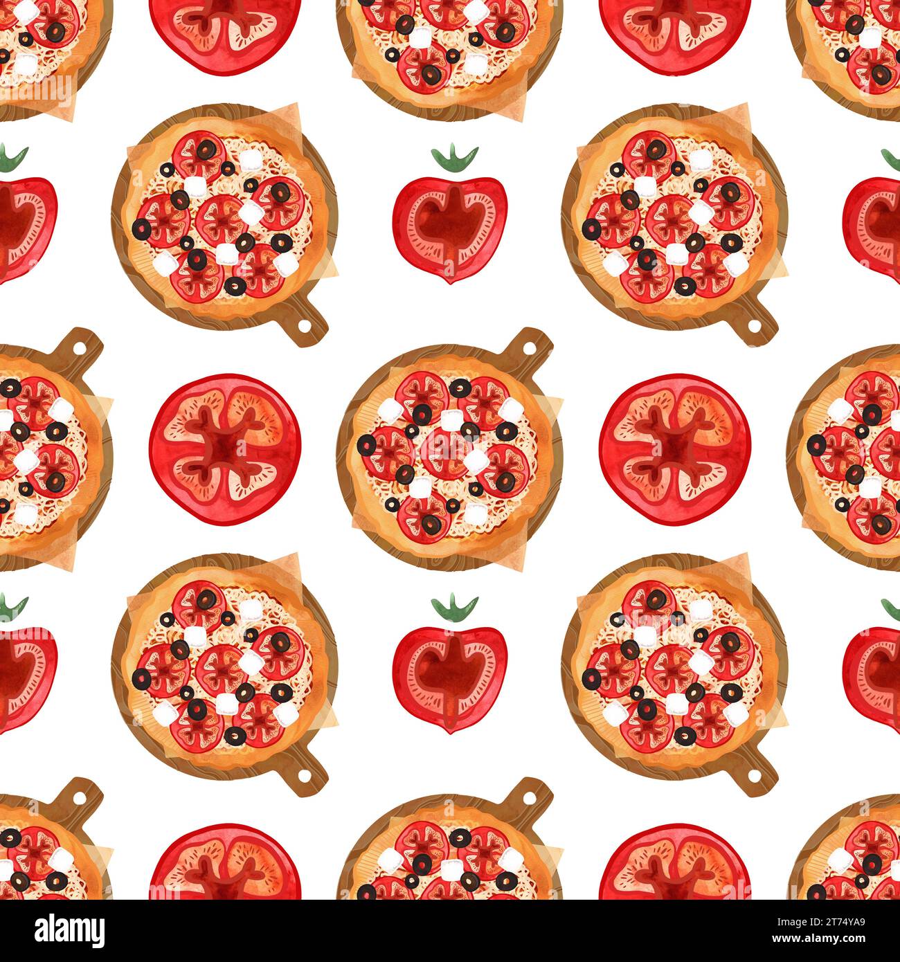 Modèle de pizza sans couture avec des tomates, des olives et du fromage. Illustration aquarelle pour les menus, recettes, textiles de cuisine, conception de cafés, restaurants et Banque D'Images
