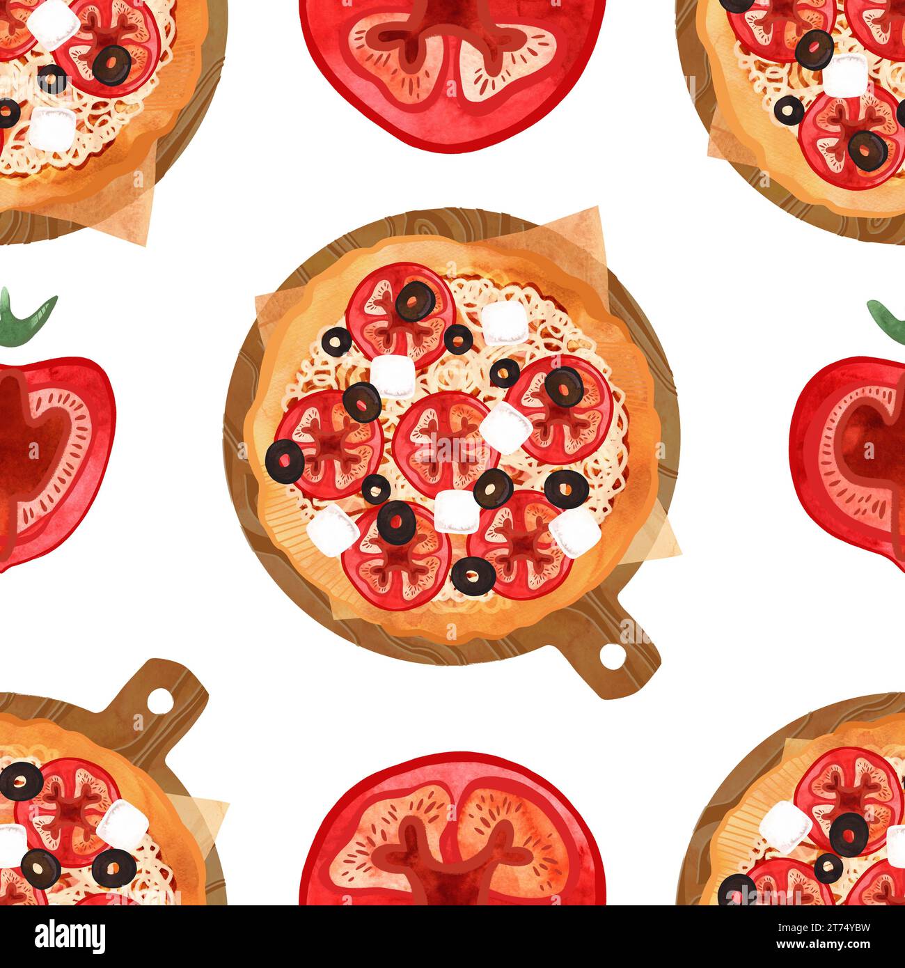 Modèle de pizza sans couture avec des tomates, des olives et du fromage. Illustration aquarelle pour les menus, recettes, textiles de cuisine, conception de cafés, restaurants et Banque D'Images