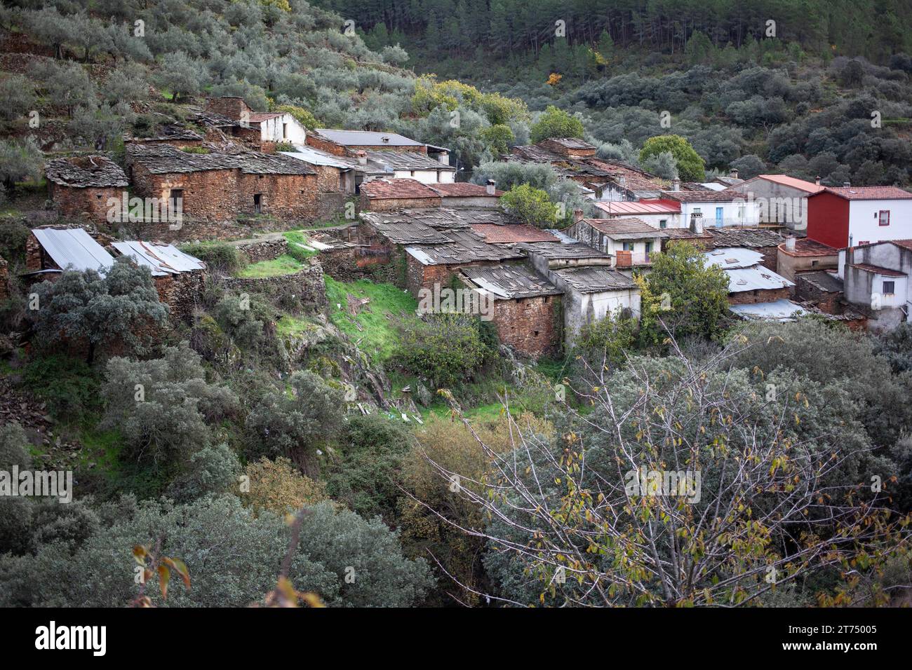 Maisons abandonnées près de San Miguel del Robledo, Salamanque, Espagne Banque D'Images