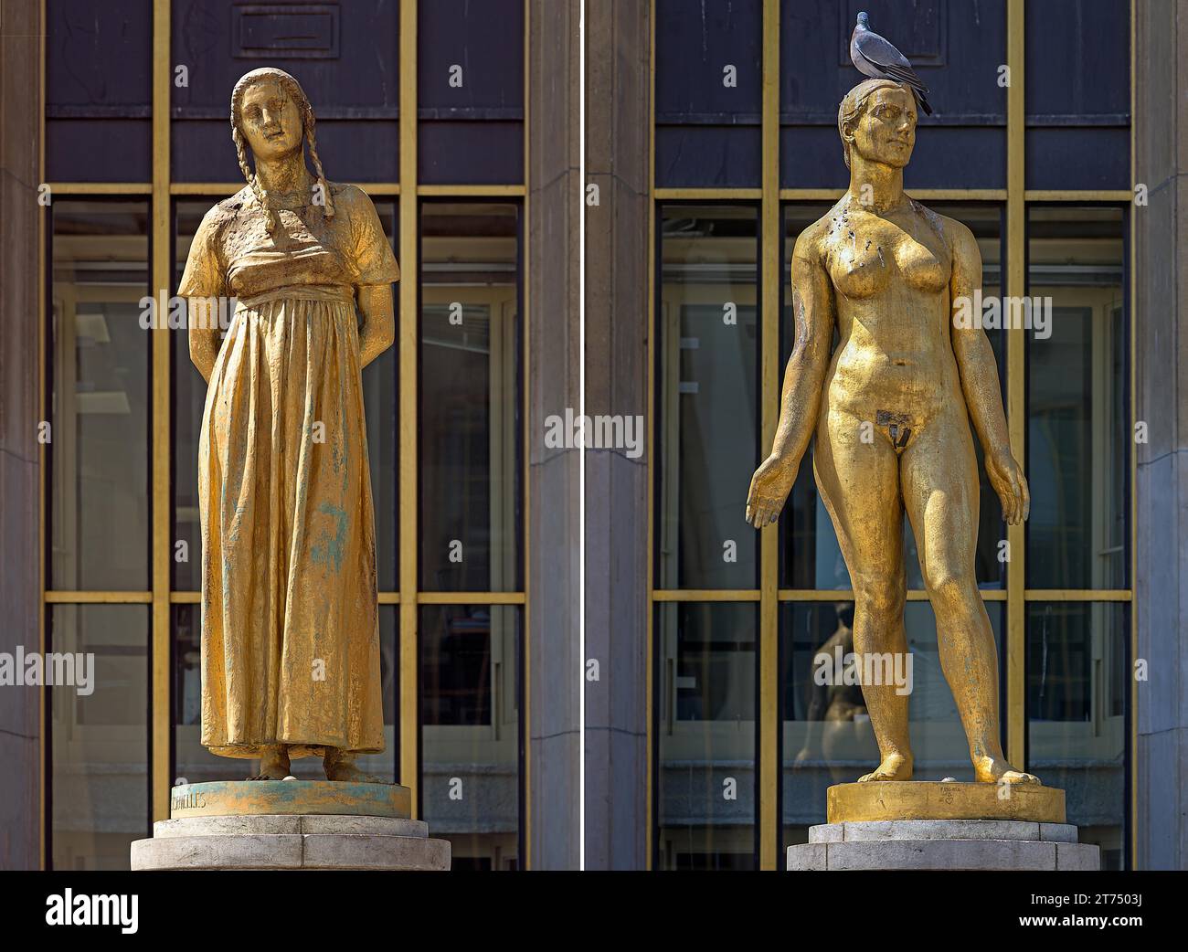 Statues dorées de Felix Alexandre Desruelles, 1865-1943, sculpteur français, Trocadéro, Paris, France Banque D'Images