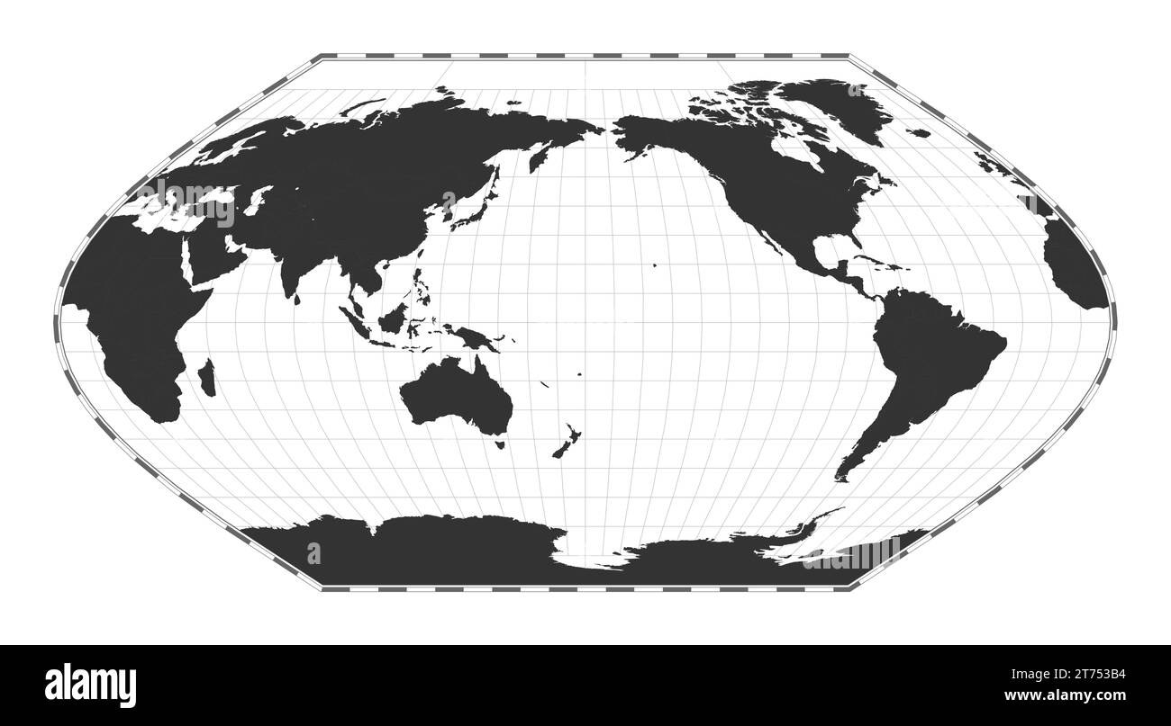 Carte du monde vectorielle. Projection Eckert V. Carte géographique du monde simple avec des lignes de latitude et de longitude. Centré sur une longitude de 180 degrés. Illustration vectorielle Illustration de Vecteur