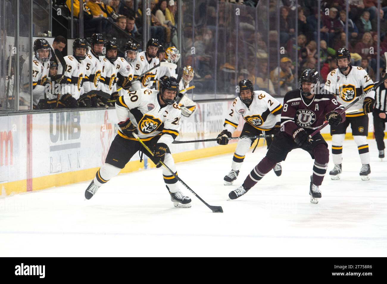 Logan Will du Colorado College(20) porte la rondelle sur la glace lors d'un match de hockey universitaire à Robson Arena, Colorado College, Colorado Springs, Colorado. Banque D'Images