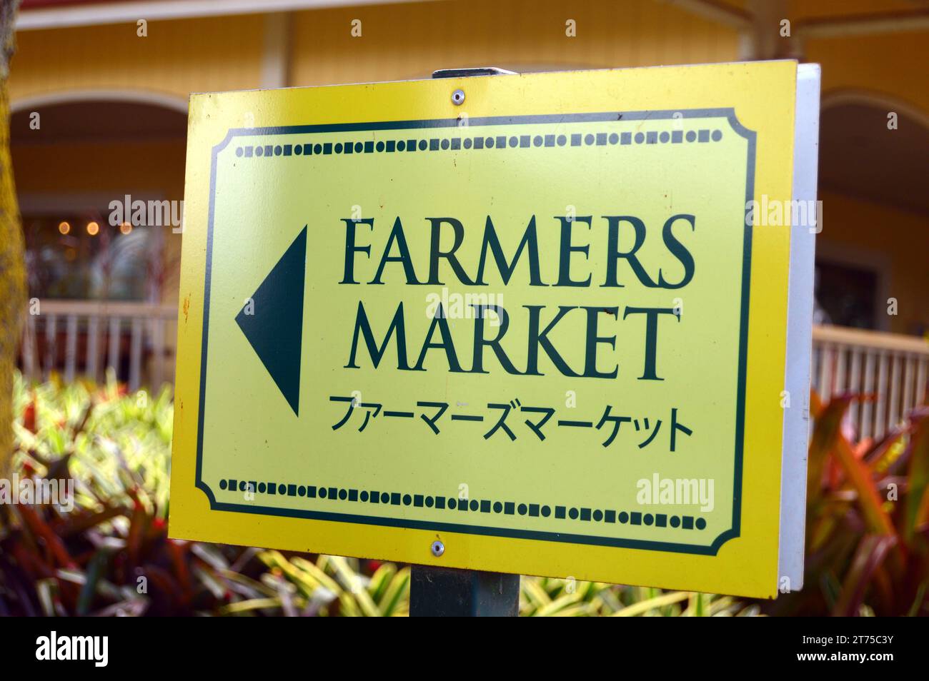 Un panneau en anglais et en japonais pointe les visiteurs vers un marché de fermiers à Hawaï Banque D'Images