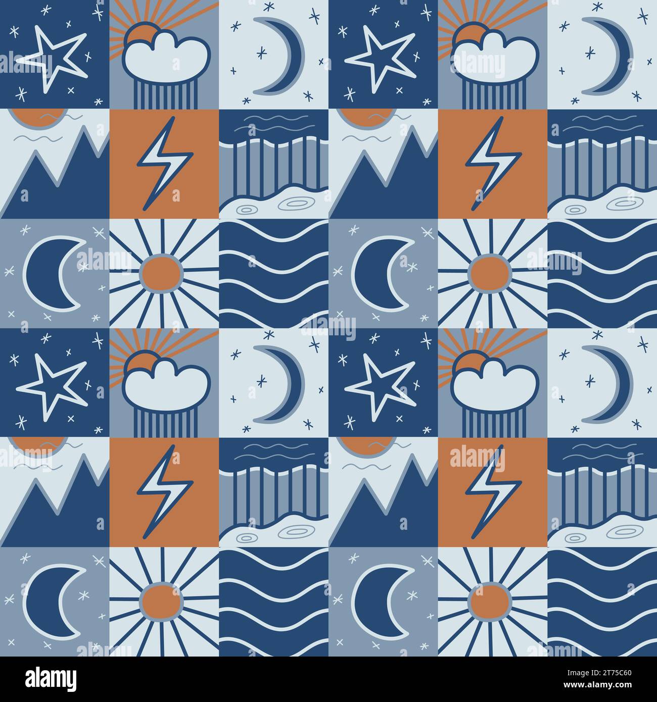 Motif géométrique sans couture de vecteur plaid avec le ciel dessiné mignon et les éléments météorologiques de la nature comme la lune, le soleil, les étoiles, la pluie dans les couleurs sourdes bleu et rouge. Mode Illustration de Vecteur