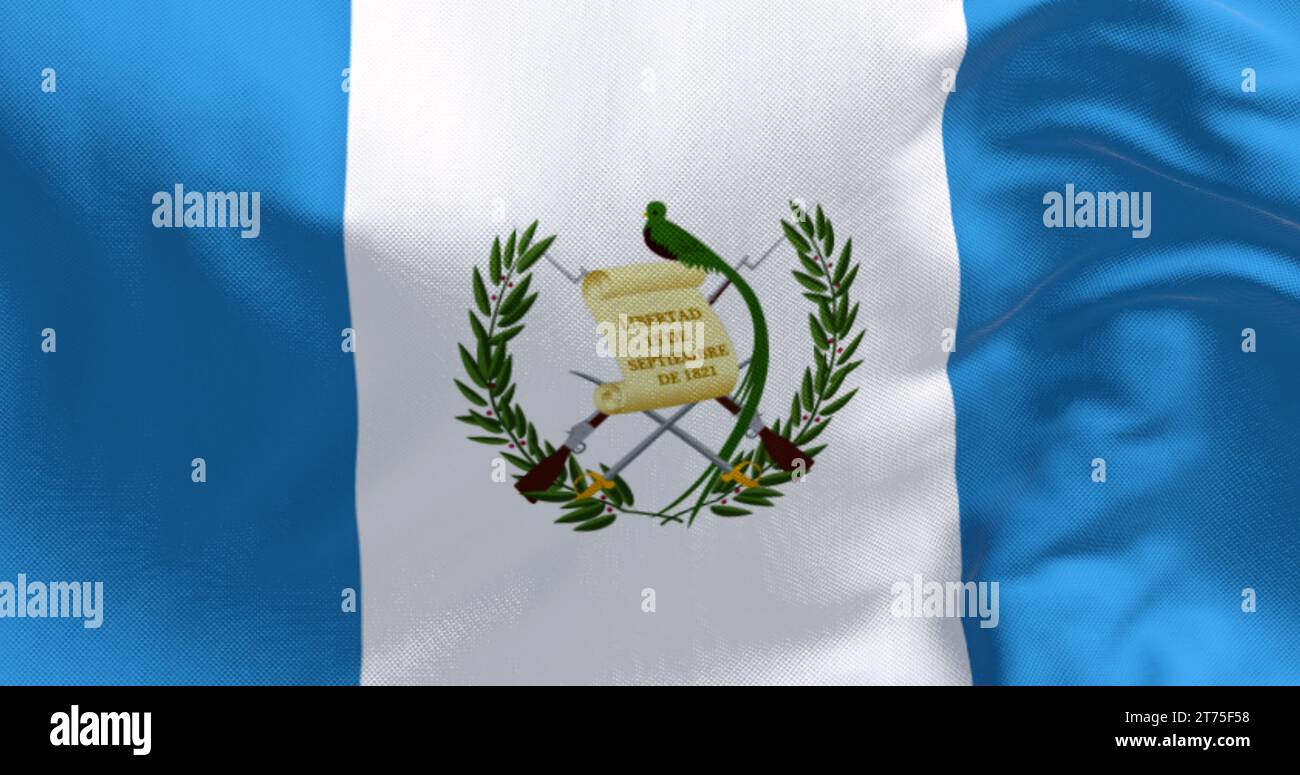 Gros plan du drapeau national du Guatemala brandissant. Trois bandes verticales bleues et blanches avec des armoiries nationales centrées. rendu d'illustration 3d. Rippl Banque D'Images