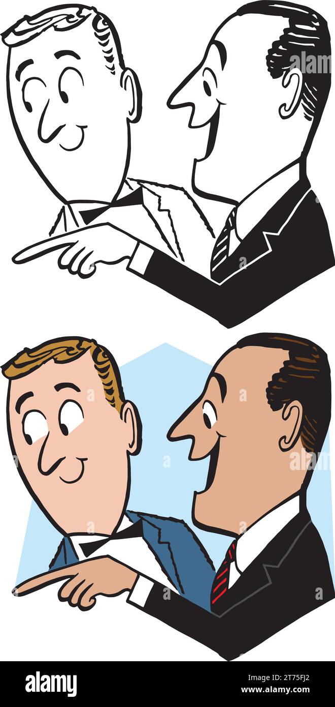 Un dessin animé rétro vintage de deux hommes d'affaires pointant vers quelque chose d'intéressant. Illustration de Vecteur