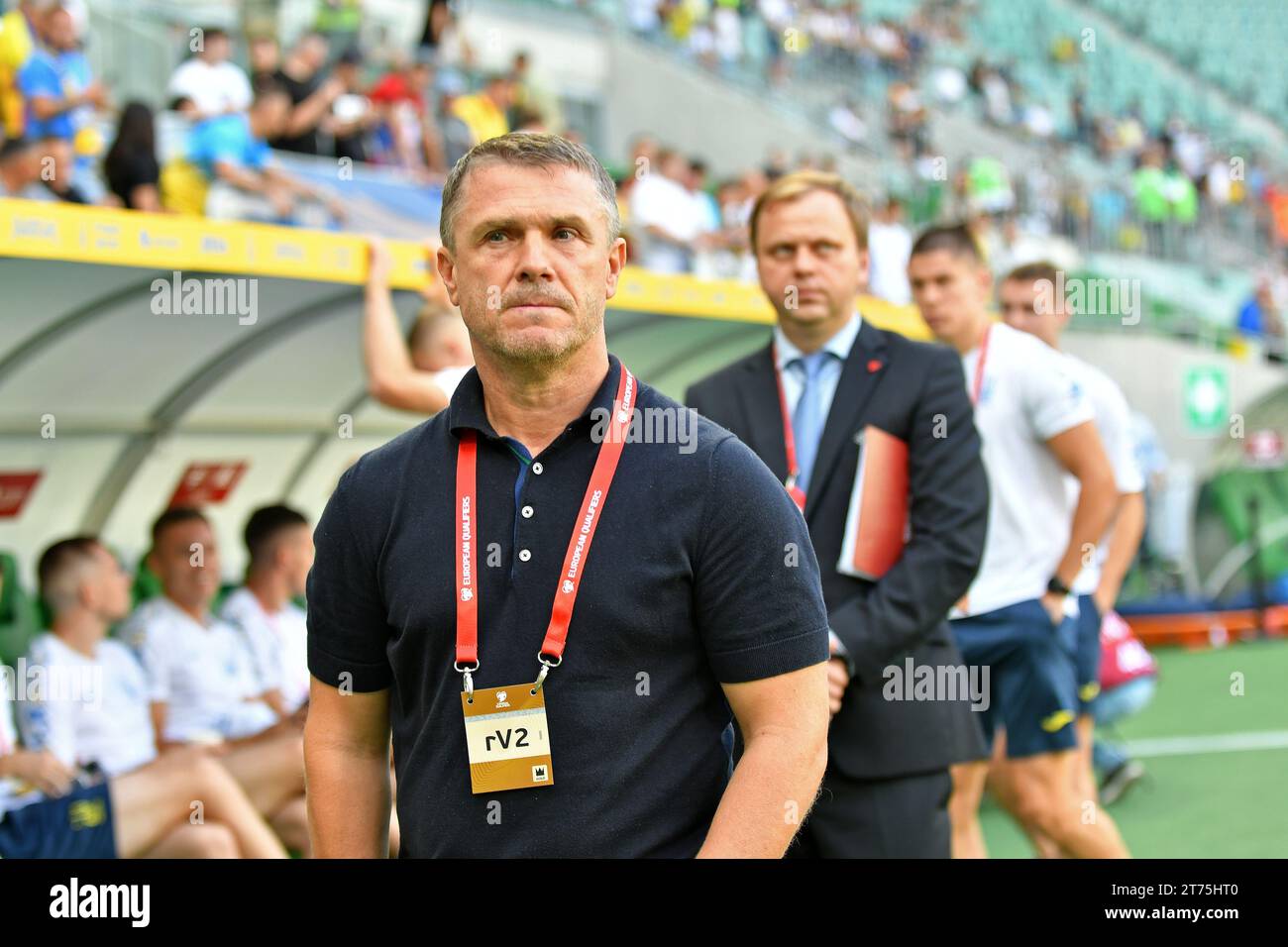 Wroclaw, Pologne - 9 septembre 2023 : l'entraîneur ukrainien Serhiy Rebrov participe au match de qualification de l'UEFA EURO 2024 Ukraine contre Angleterre au Tarczynski Arena de Wroclaw, en Pologne Banque D'Images