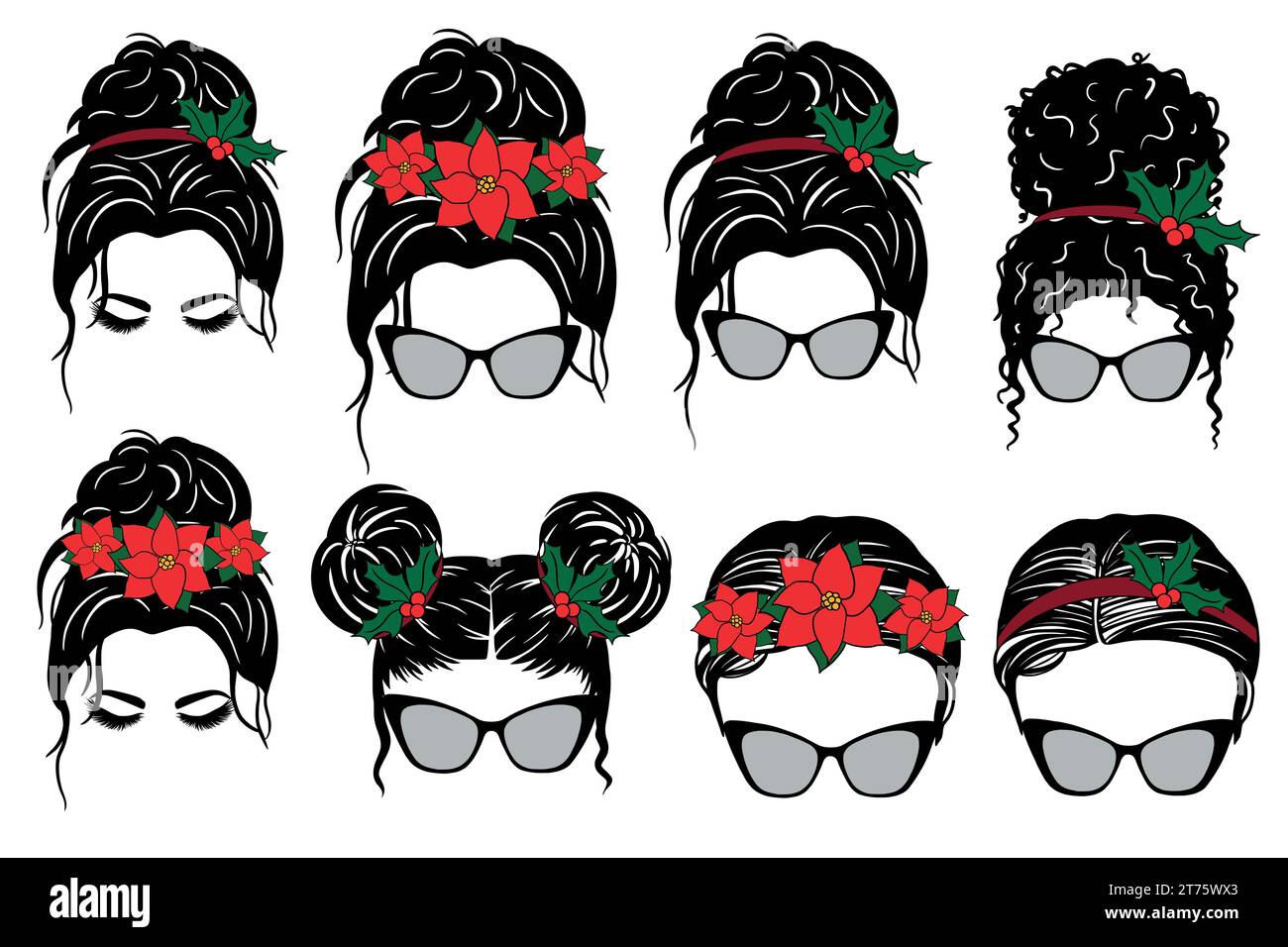 Belle coiffure de femme avec Poinsettia, lunettes de soleil et bandanas dans divers thèmes. Collection de vecteurs V34 Illustration de Vecteur