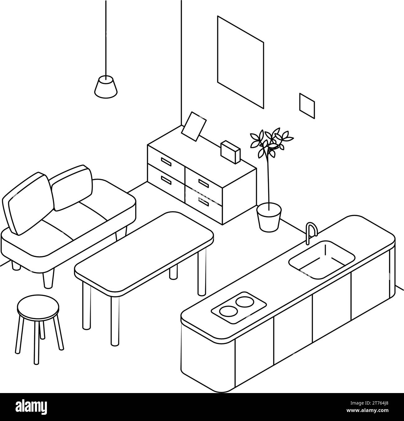 Chambre à louer: Salle à manger, simple isométrique avec cuisine îlot et table à manger, Vector Illustration Illustration de Vecteur
