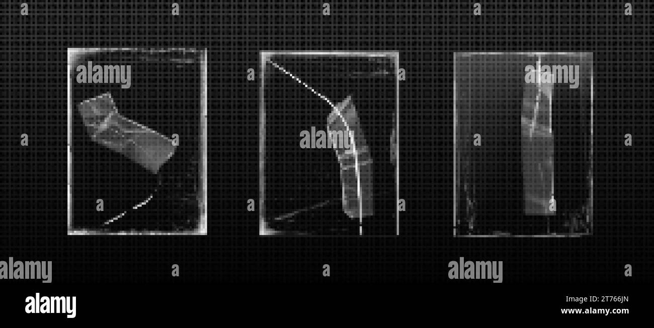 Ensemble réaliste de verre cassé avec ruban adhésif sur les fissures isolé sur fond transparent. Illustration vectorielle d'une fenêtre ou d'un miroir endommagé, réparation Illustration de Vecteur