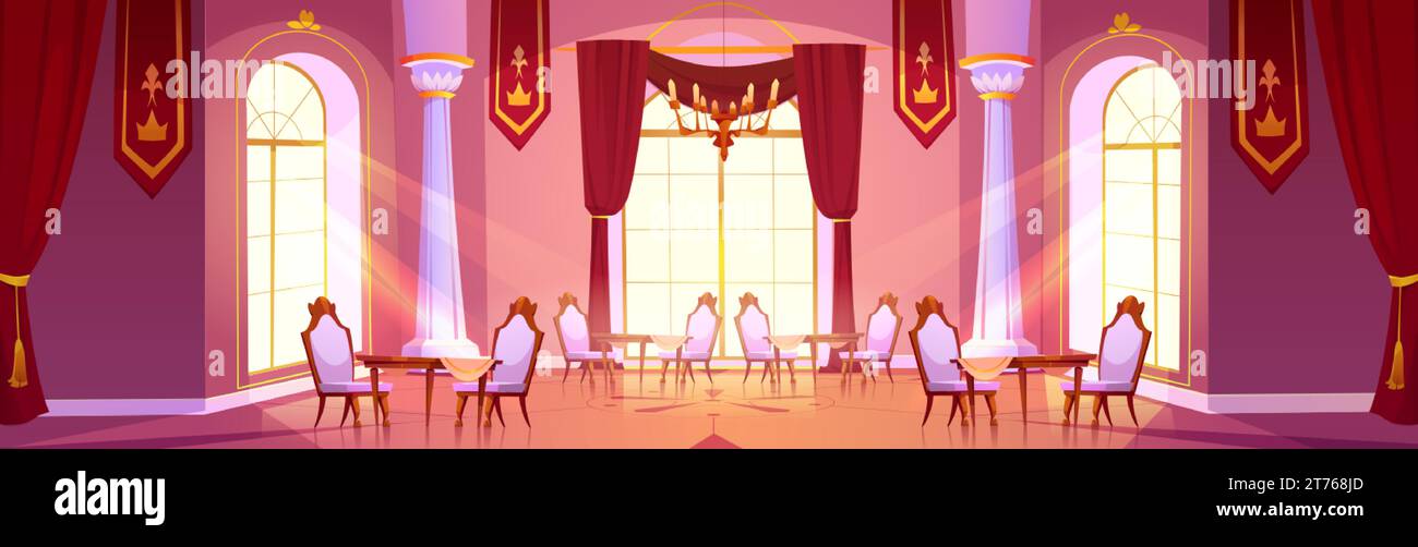 Salle à manger dans le palais royal. Illustration de dessin animé vectoriel de salle de restaurant spacieuse, tables et chaises en bois vintage, bannières en tissu rouge avec or Illustration de Vecteur