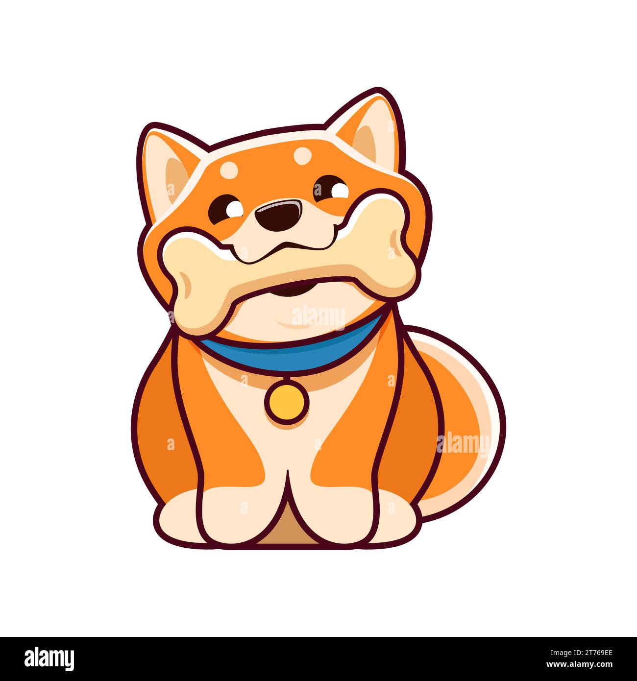 Dessin animé Kawaii animal mignon shiba inu chien et personnage chiot assis doucement avec un os, ses yeux brillent d'excitation. Image vectorielle réconfortante qui capture l'ami à fourrure fidèle et ludique Illustration de Vecteur