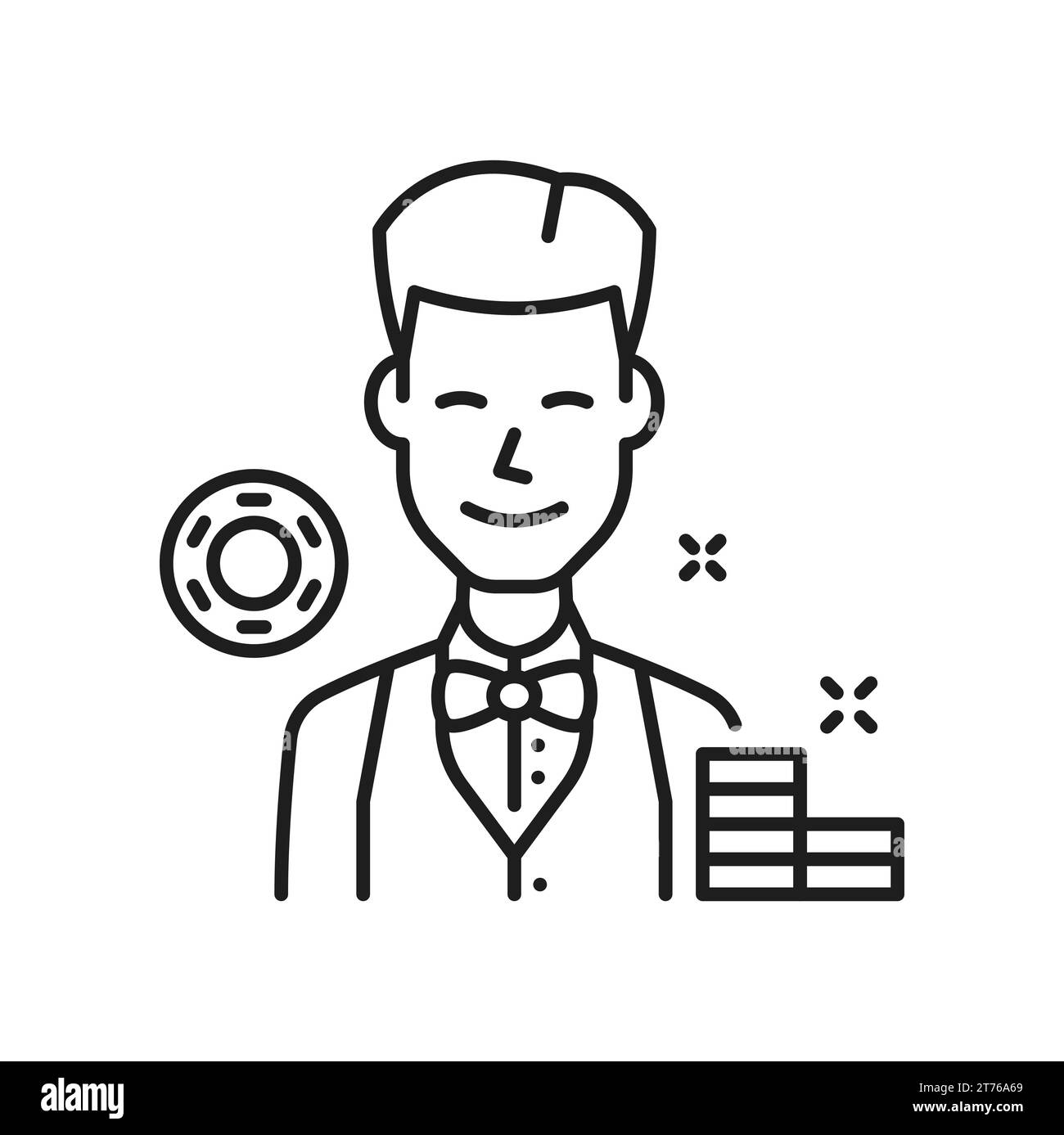 Souriant marchand de casino travailleur masculin dans le gilet de vêtements élégants et noeud papillon. Mélange d'employés de casino, travailleur croupier de vecteur, pile de jetons Illustration de Vecteur