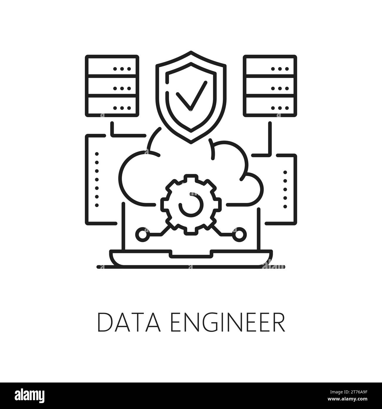 Ingénieur de données ou spécialiste INFORMATIQUE icône du commerce numérique, du développement web et Internet, vecteur de ligne. Pictogramme d'ingénieur logiciel de données ou de spécialiste en ingénierie Web dans un contour mince du cloud de serveur Illustration de Vecteur