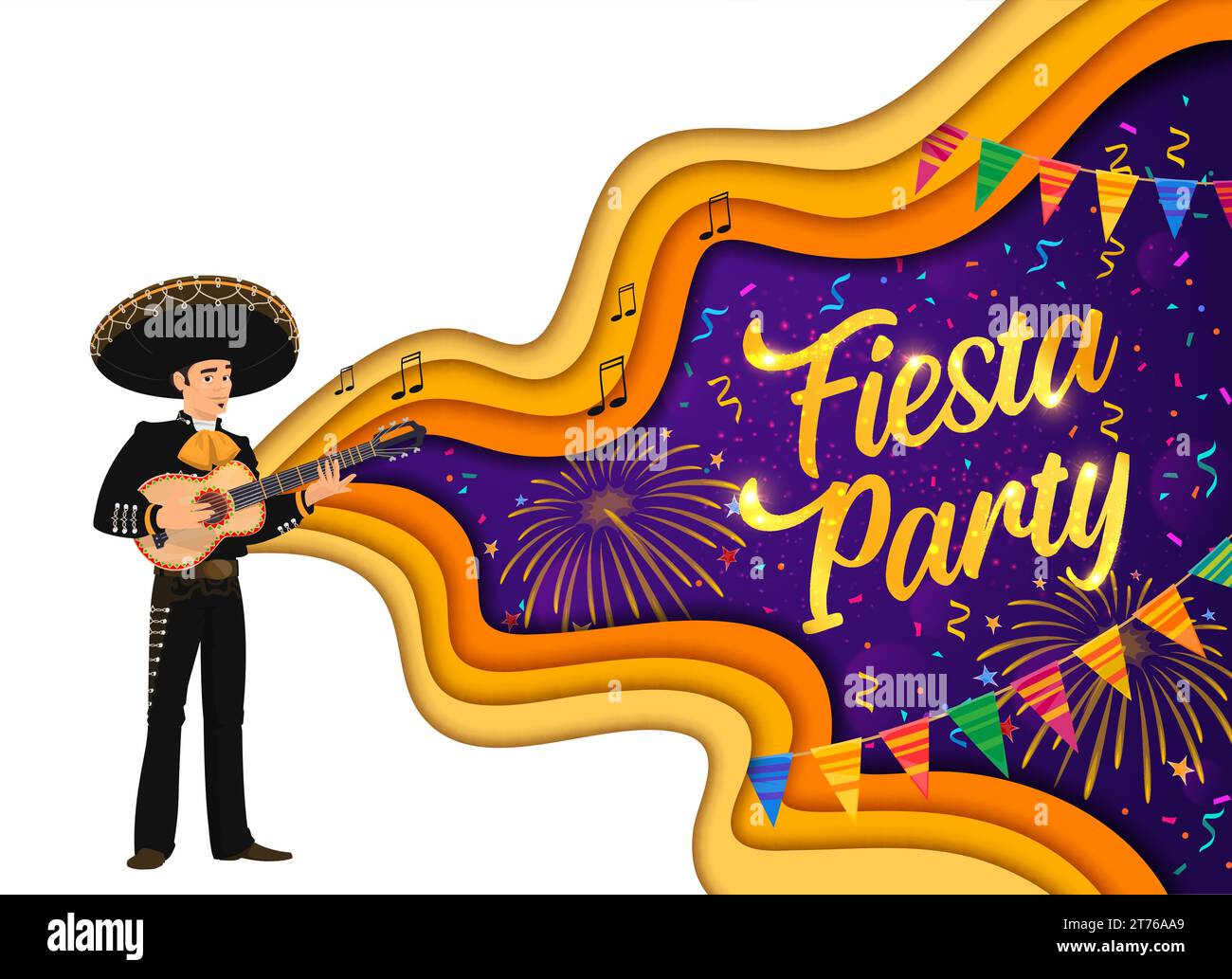 Bannière de coupe de papier de fête de Fiesta avec feux d'artifice et caractère mexicain mariachi, fond vectoriel. Fête mexicaine ou fête de la fête avec musicien mexicain homme dans sombrero avec guitare et drapeaux en papier Illustration de Vecteur