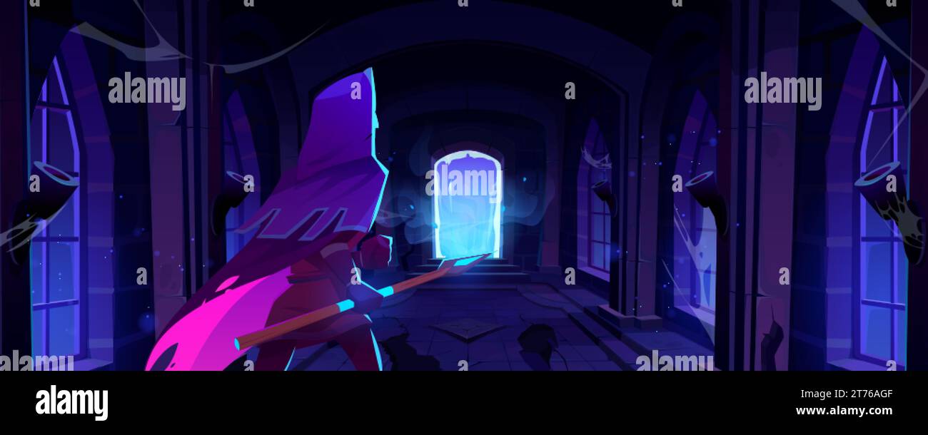 Homme en costume médiéval avec lance dans le vieux château ou donjon abandonné sombre avec des murs de pierre et porte avec le portail lumineux néon bleu mystique. Dessin animé v Illustration de Vecteur