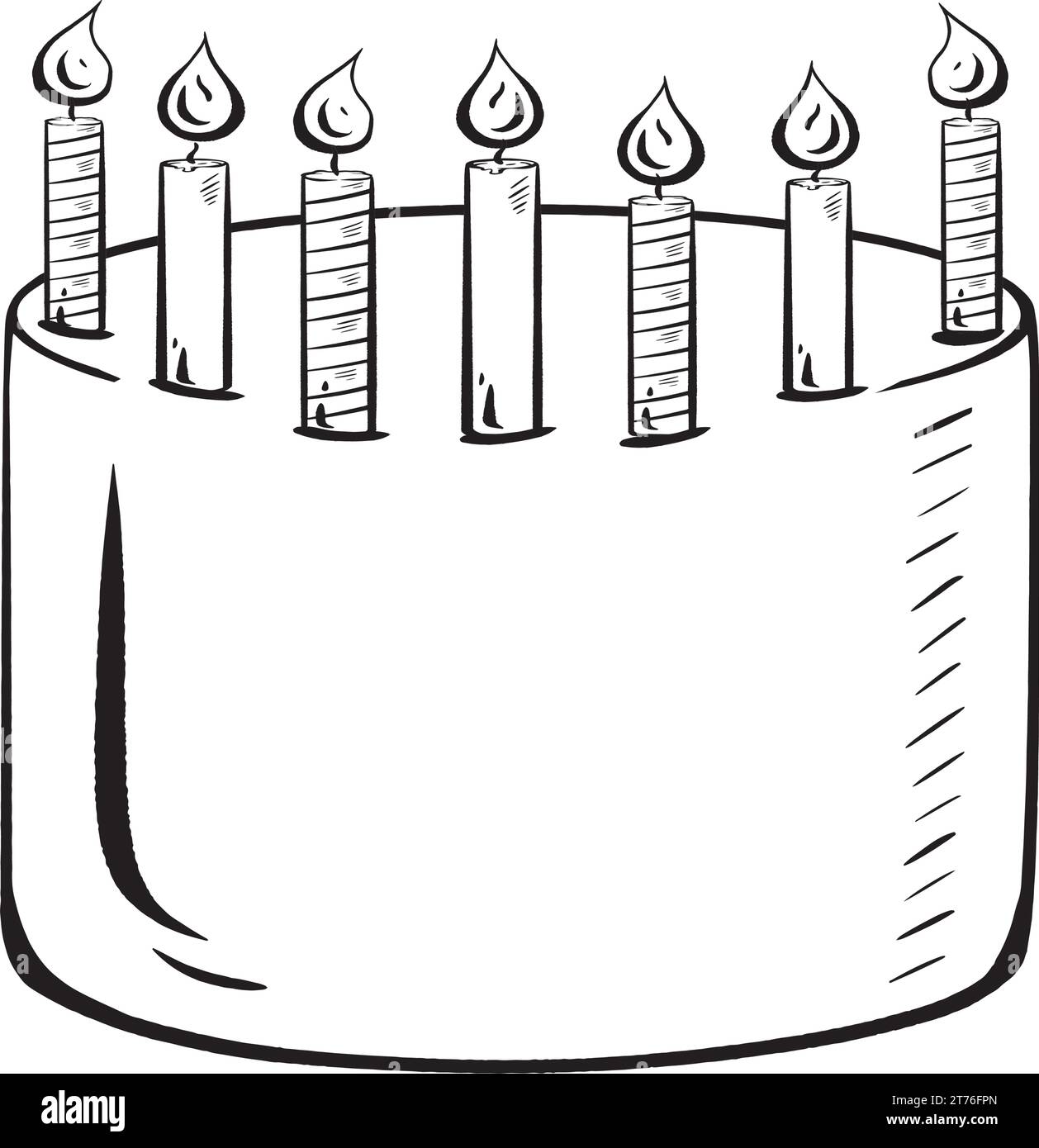 Vecteur d'encre dessiné à la main. Gâteau glacé classique avec sept bougies allumées. Design traditionnel pour les anniversaires, cartes, invitations. Convient aux enfants Illustration de Vecteur
