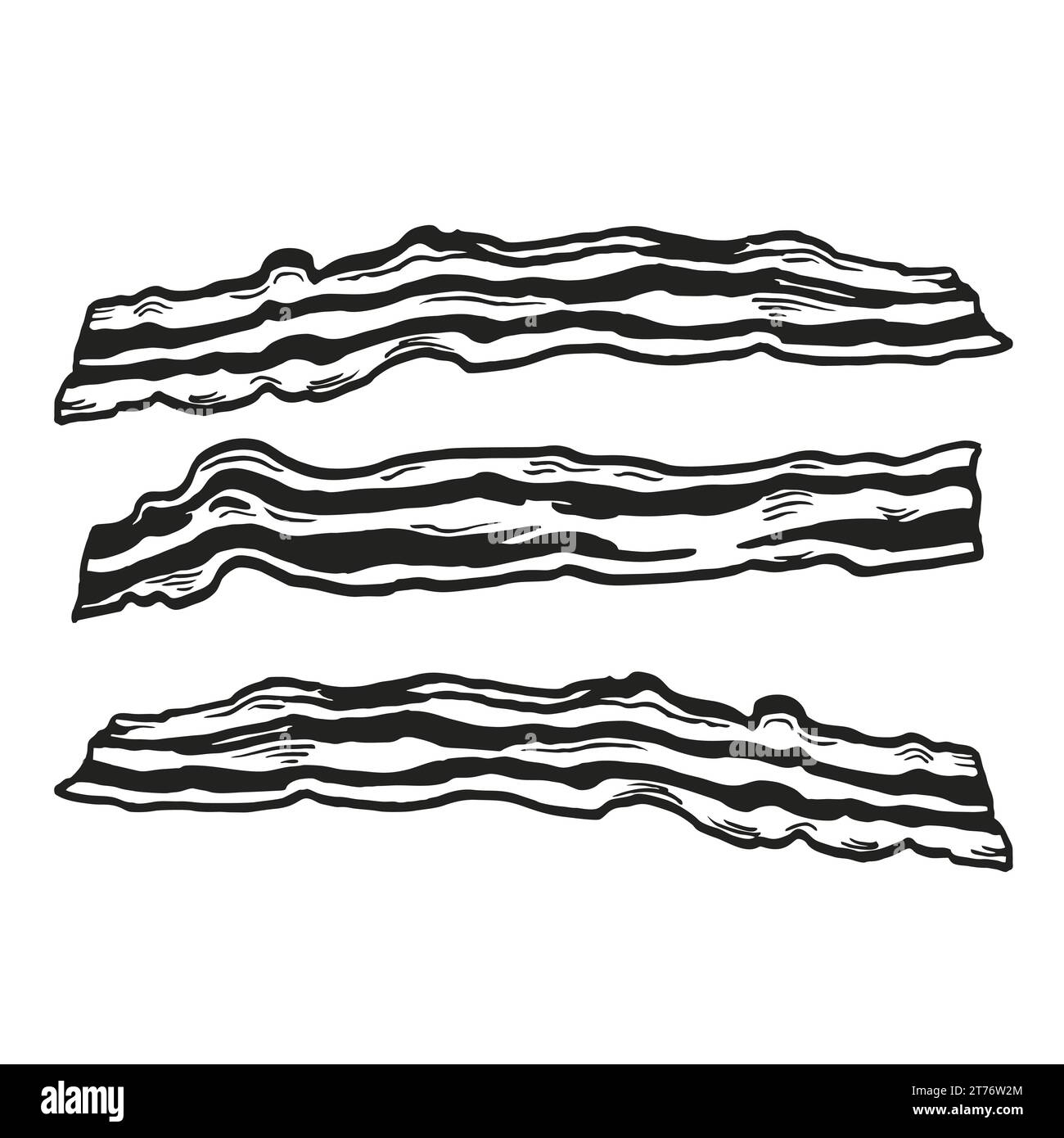 Croquis vectoriel dessiné à la main de lanières de bacon frites cuites au four, trois lanières grillées de bacon croustillant pour hamburger, sandwich, illustration en noir et blanc, isoler Illustration de Vecteur