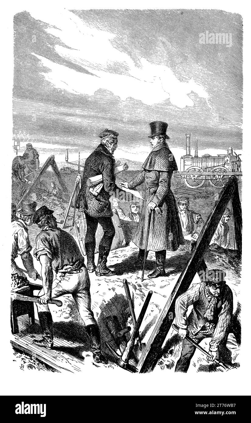 George Stephenson, inventeur et pionnier du transport ferroviaire, inspecte la construction d'une ligne de chemin de fer Banque D'Images