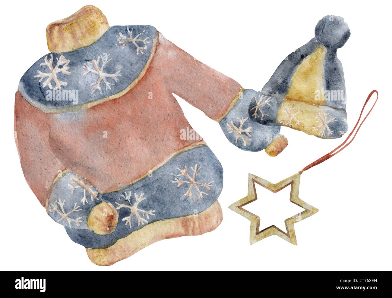 Illustration à l'aquarelle dessinée à la main. Pull tricoté bleu rouge avec étoiles scandinaves, chapeau pompom, ornement étoile en bois. Composition isolée sur blanc Banque D'Images