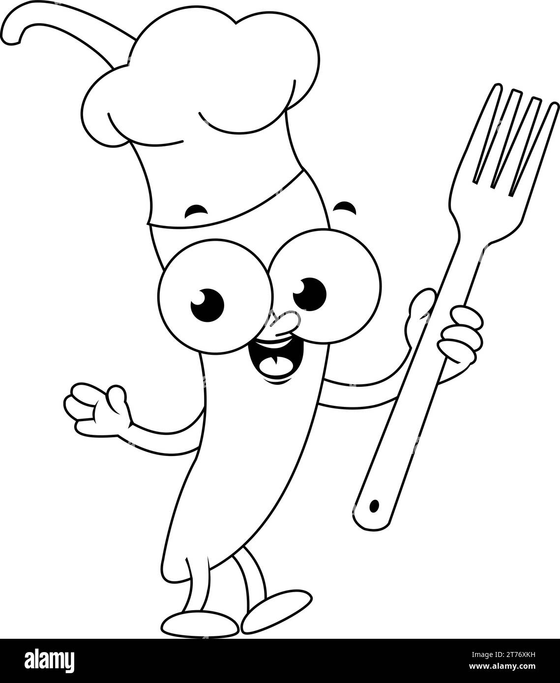Chef de dessin animé au piment tenant une fourchette de cuisson. Page de coloriage en noir et blanc vectoriel. Illustration de Vecteur