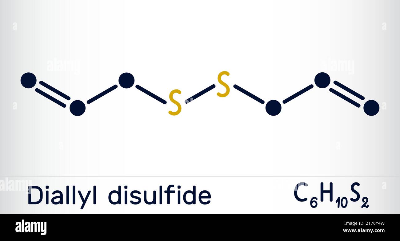 Disulfure de diallyle, molécule de DADS. C'est du disulfure organique, trouvé dans l'ail et d'autres espèces du genre Allium. Formule chimique squelettique Illustration de Vecteur