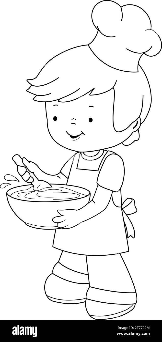 Petit garçon chef cuisinier. Page de coloriage en noir et blanc vectoriel. Illustration de Vecteur