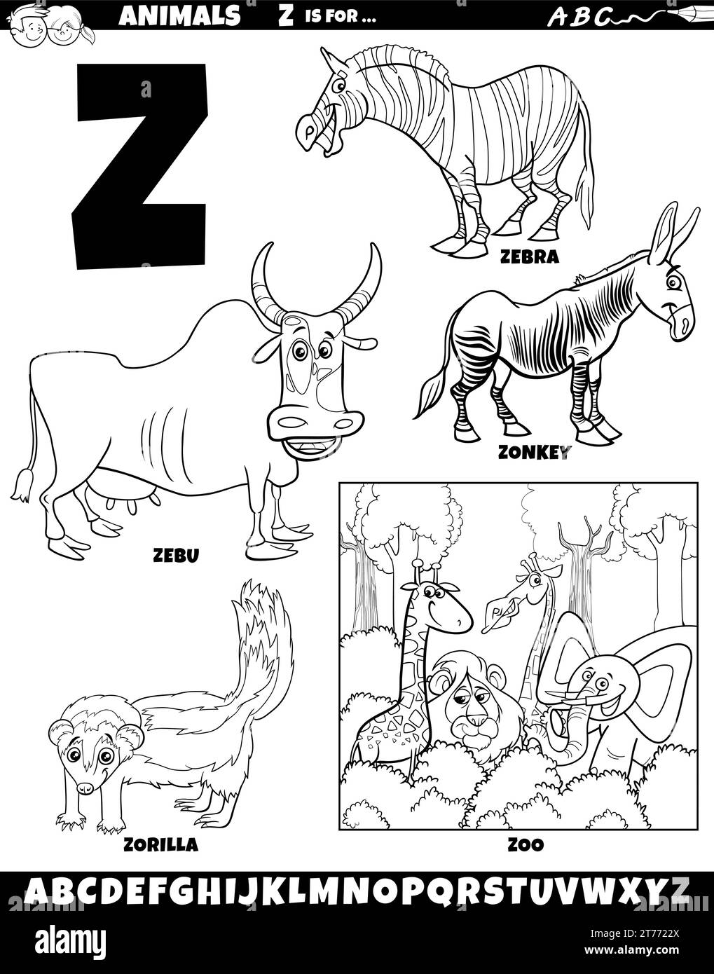 Illustration de dessin animé de caractères animaux mis pour la lettre Z coloriage page Illustration de Vecteur