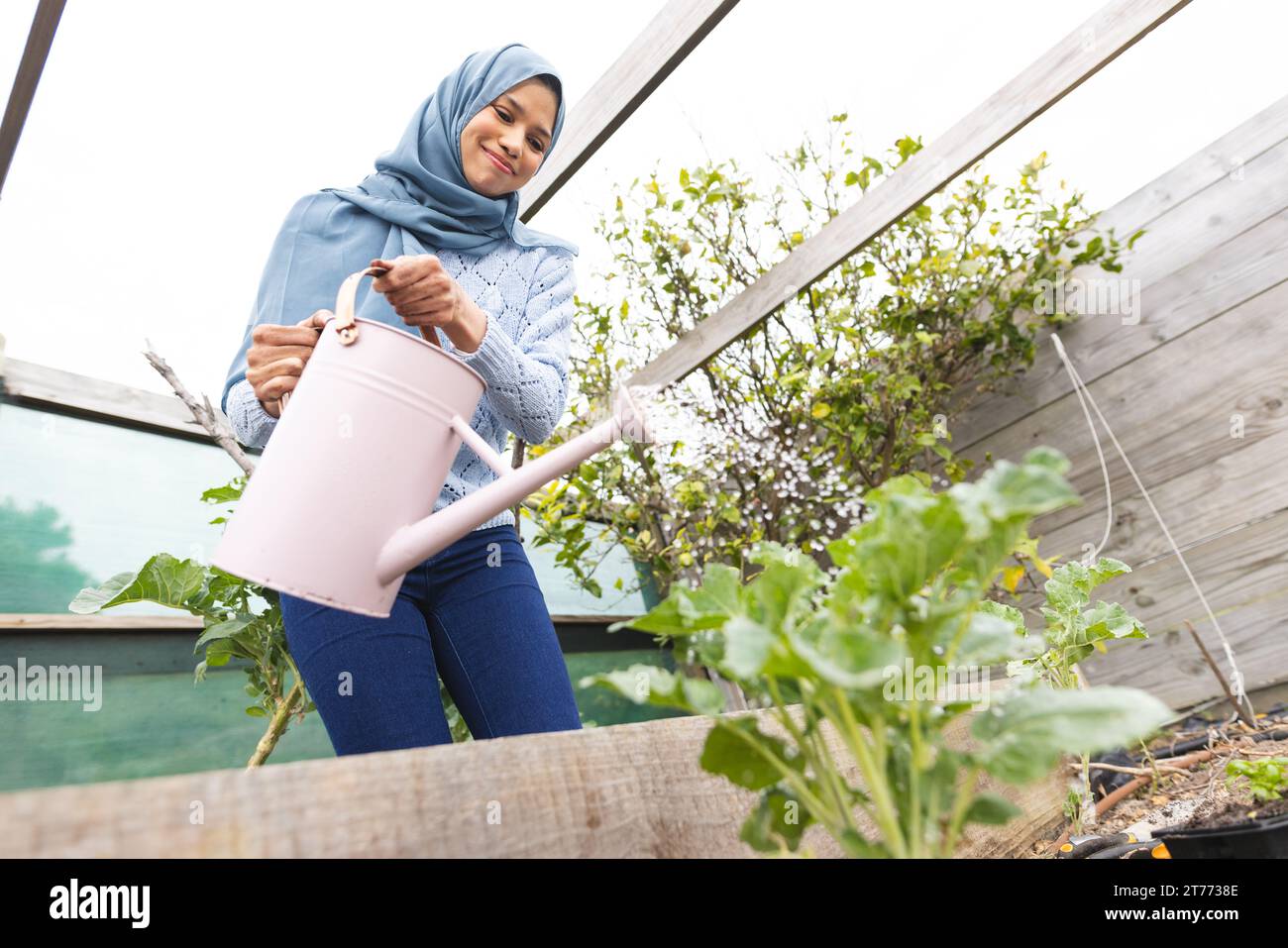 Heureuse femme biraciale dans le hijab arrosant les plantes dans le jardin ensoleillé Banque D'Images