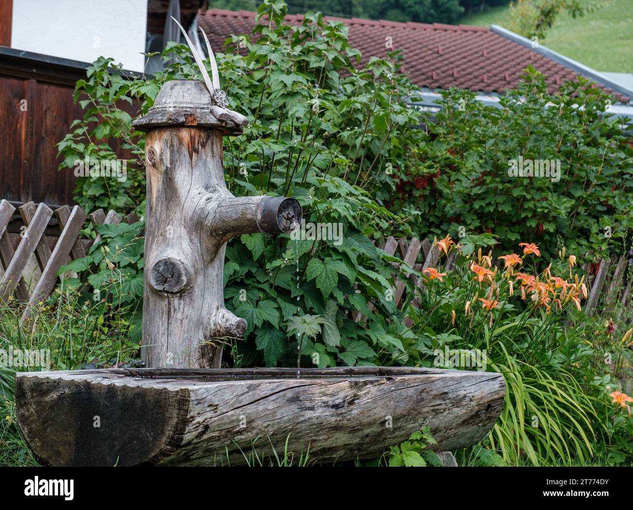 Fontaine d'eau traditionnelle rustique en bois alpin et abreuvoir avec chapeau tyrolien sculpté à Alpbachtal, Alpes autrichiennes. Banque D'Images