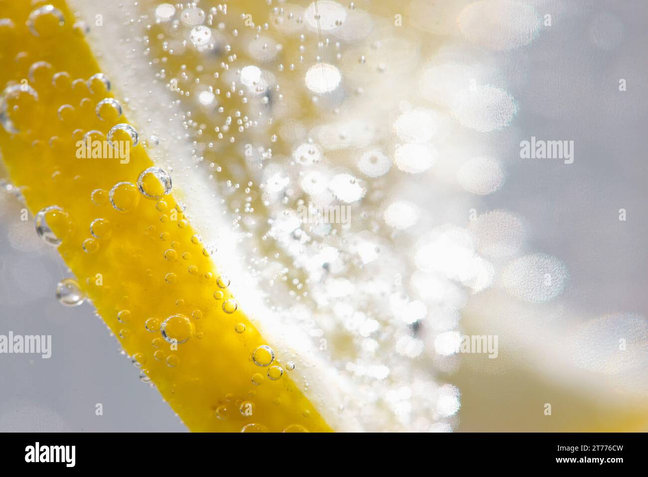 Extreme close up d'une tranche de citron flottant dans l'eau pétillante Banque D'Images
