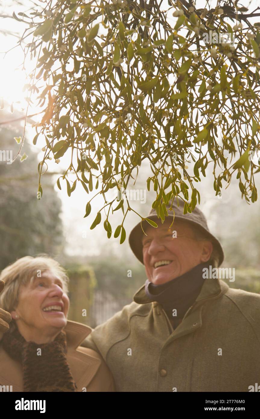Couple mature debout sous un arbre regardant vers le haut et souriant Banque D'Images