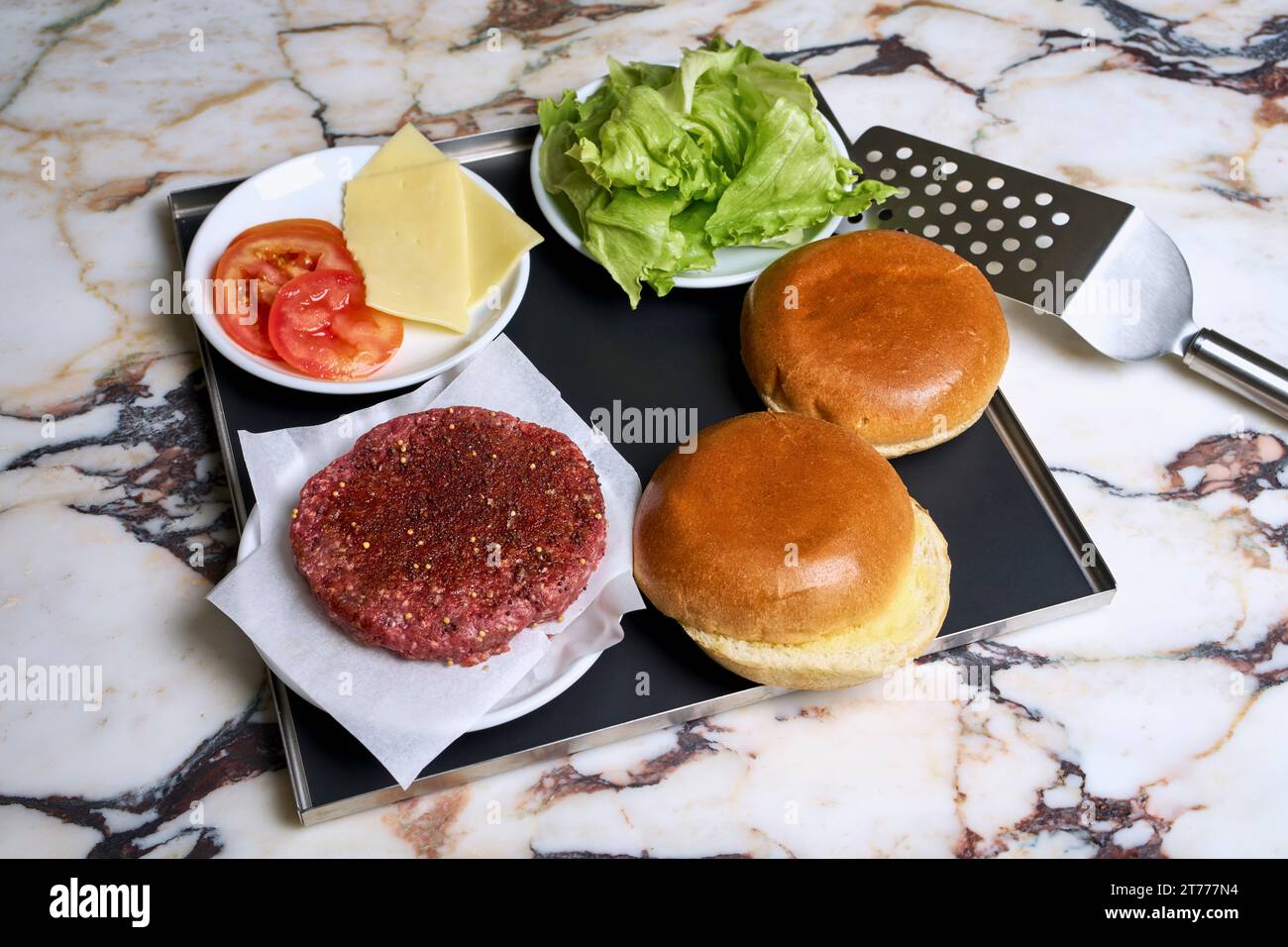 Ingrédients de hamburger nature morte sur plateau Banque D'Images
