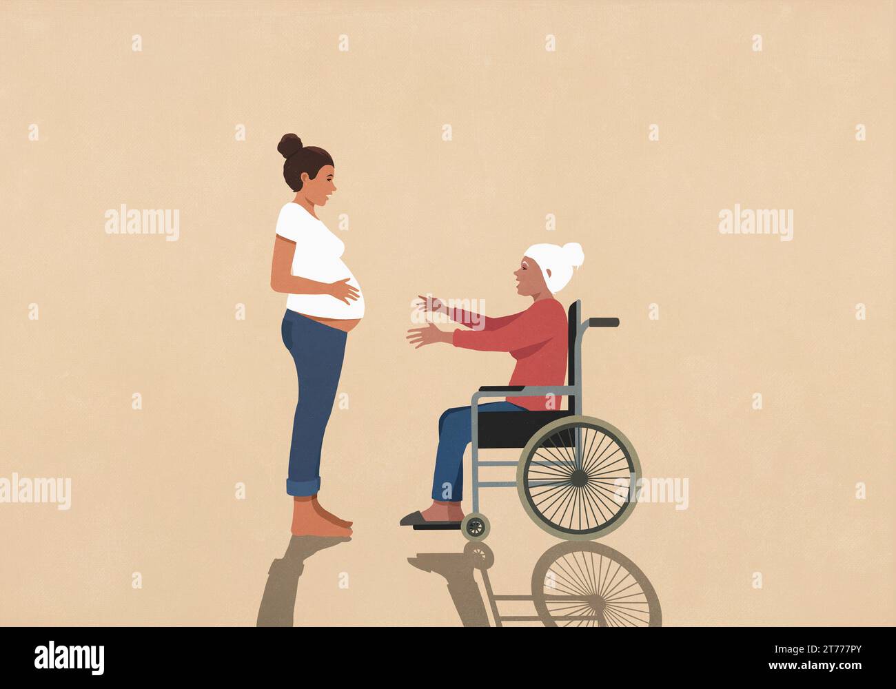 Femme âgée en fauteuil roulant avec les bras tendus, approchant la femme enceinte Banque D'Images