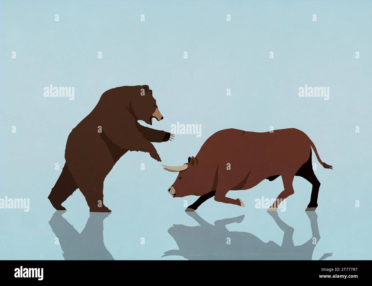 Symboles boursiers Bull et Bear se battant sur fond bleu Banque D'Images