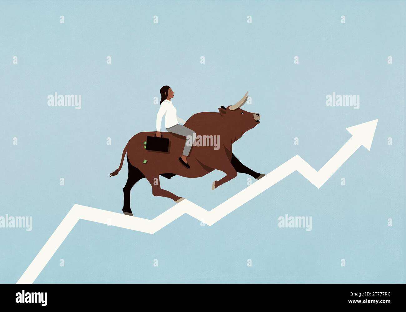 Investisseur féminin avec la mallette d'argent chevauchant le taureau vers le haut flèche ascendante sur fond bleu Banque D'Images