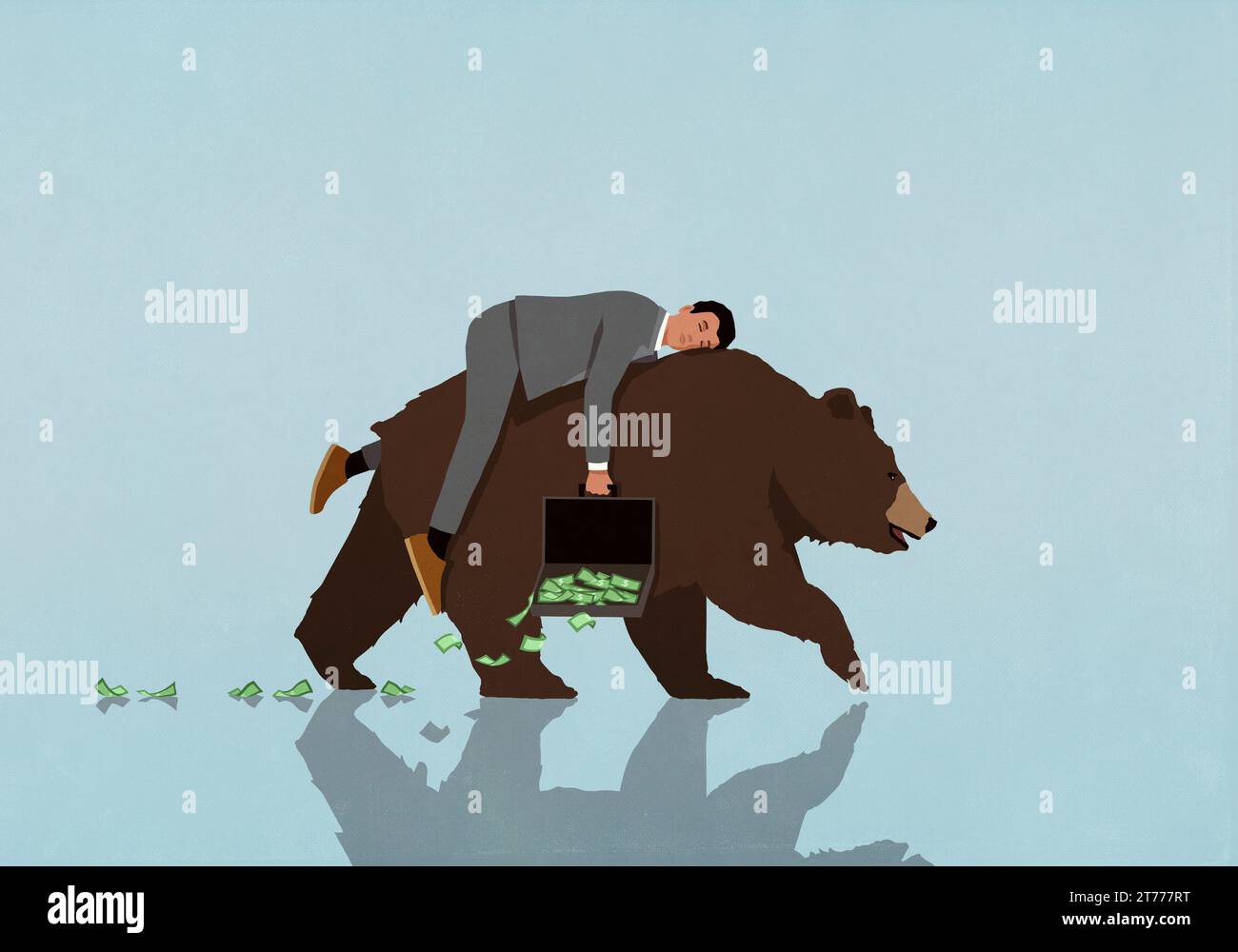 Investisseur masculin endormi avec de l'argent renversant du marché de l'ours de la valise Banque D'Images