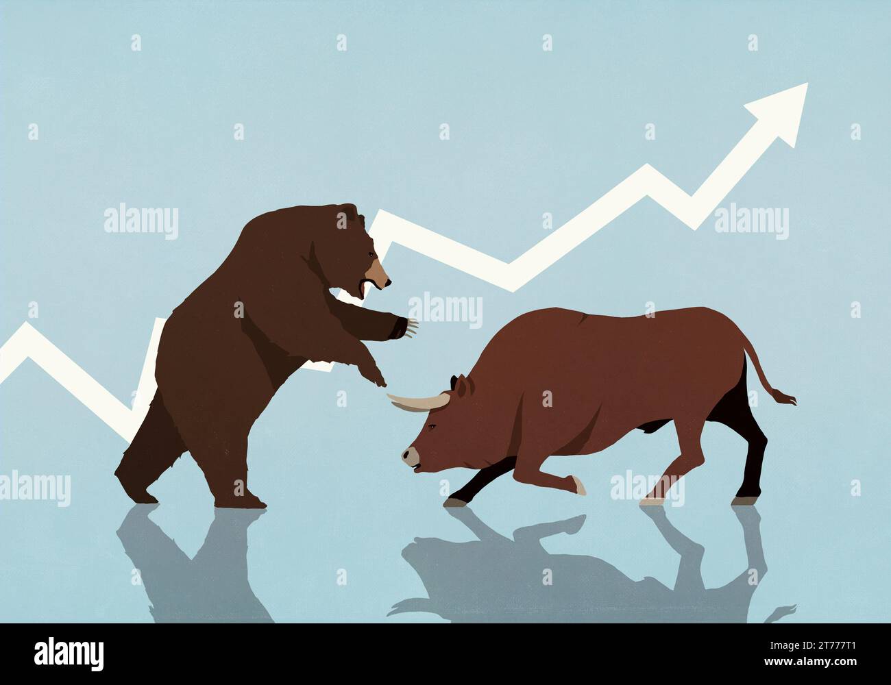 Concurrence d'ours et de taureau devant la flèche ascendante du marché boursier sur fond bleu Banque D'Images
