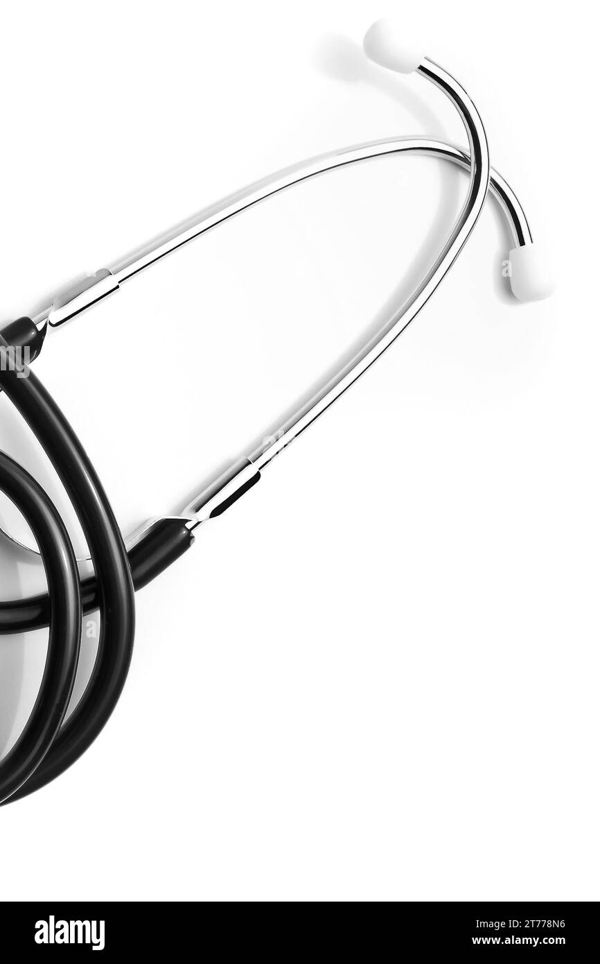détail d'un stéthoscope avec espace pour le texte sur fond blanc Banque D'Images